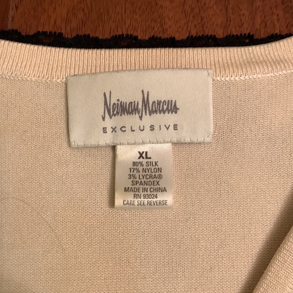 Neiman Marcus silk blend button down sweater with lace and chiffon insets - Picture 2 of 11